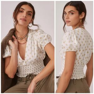 Faithfull the Brand White Gold Smocked Alba Top, S